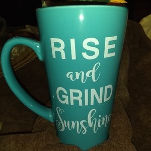 "RISE AND GRIND" TURQUOISE CERAMIC COFFEE MUG